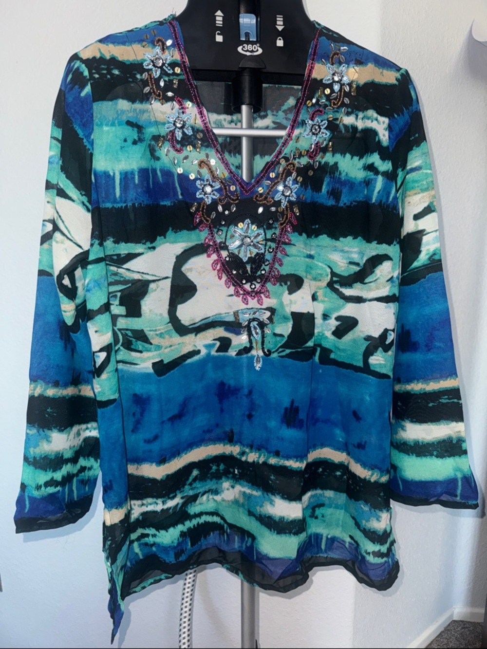 Grace Elements Beaded V-Neck Tunic in Teal, Aqua and Navy